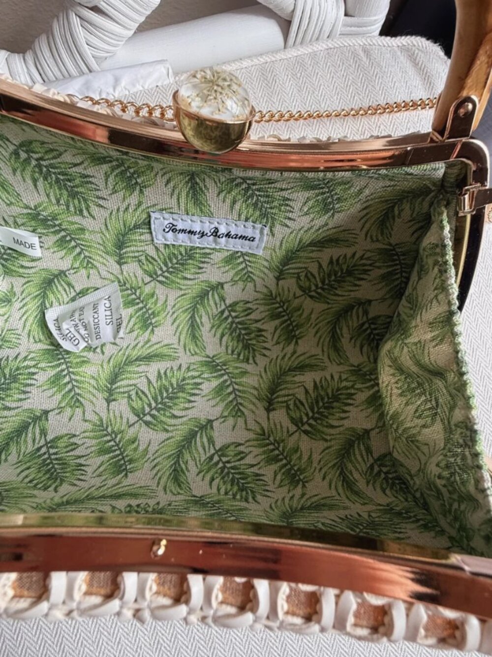 Tommy Bahama Woven Bamboo Handle Clutch Crossbody Chain Bag White Gold NWT - Picture 10 of 16